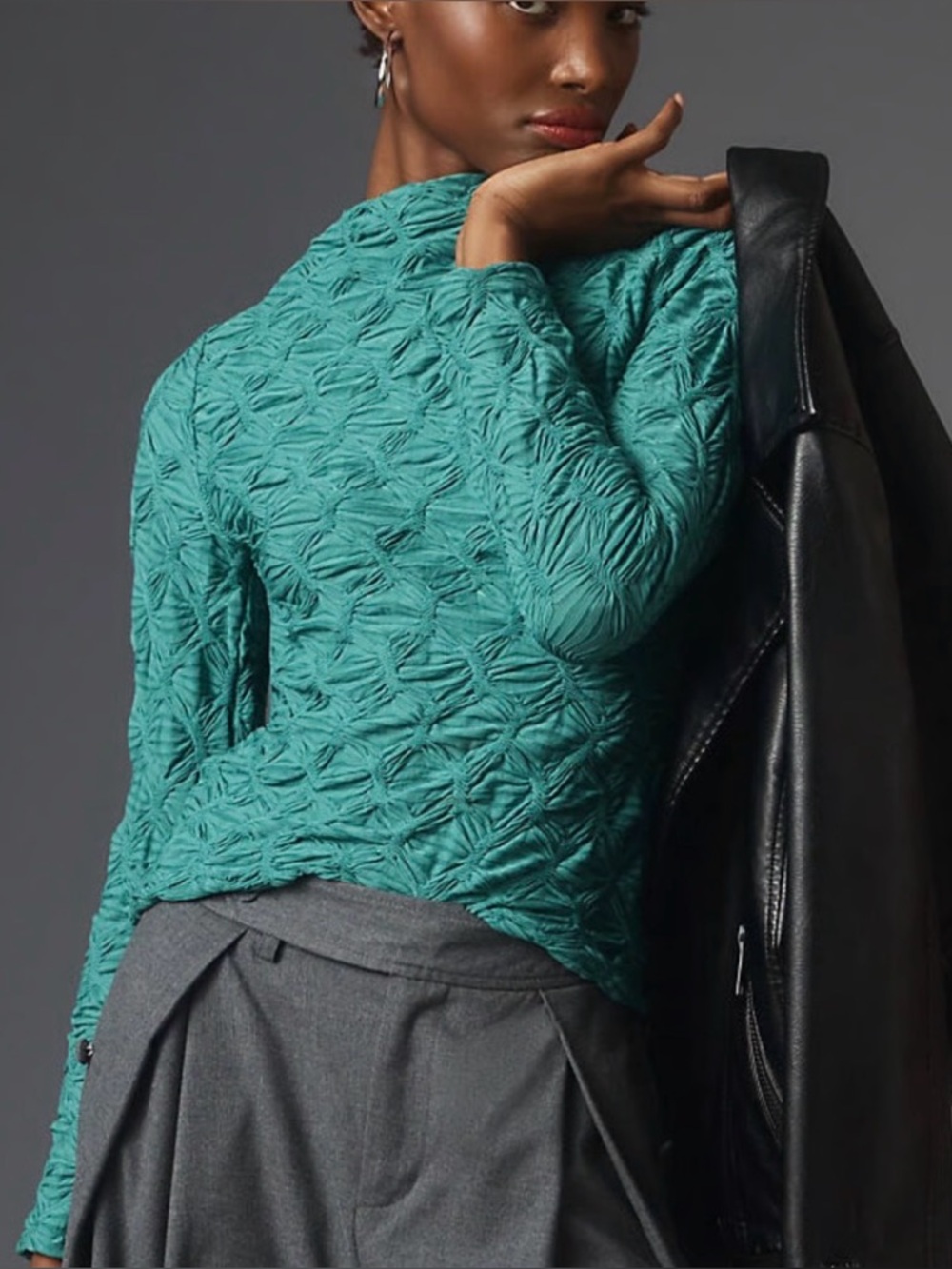 Maeve By Anthropologie Long-Sleeve Mock-Neck Textured Green Top